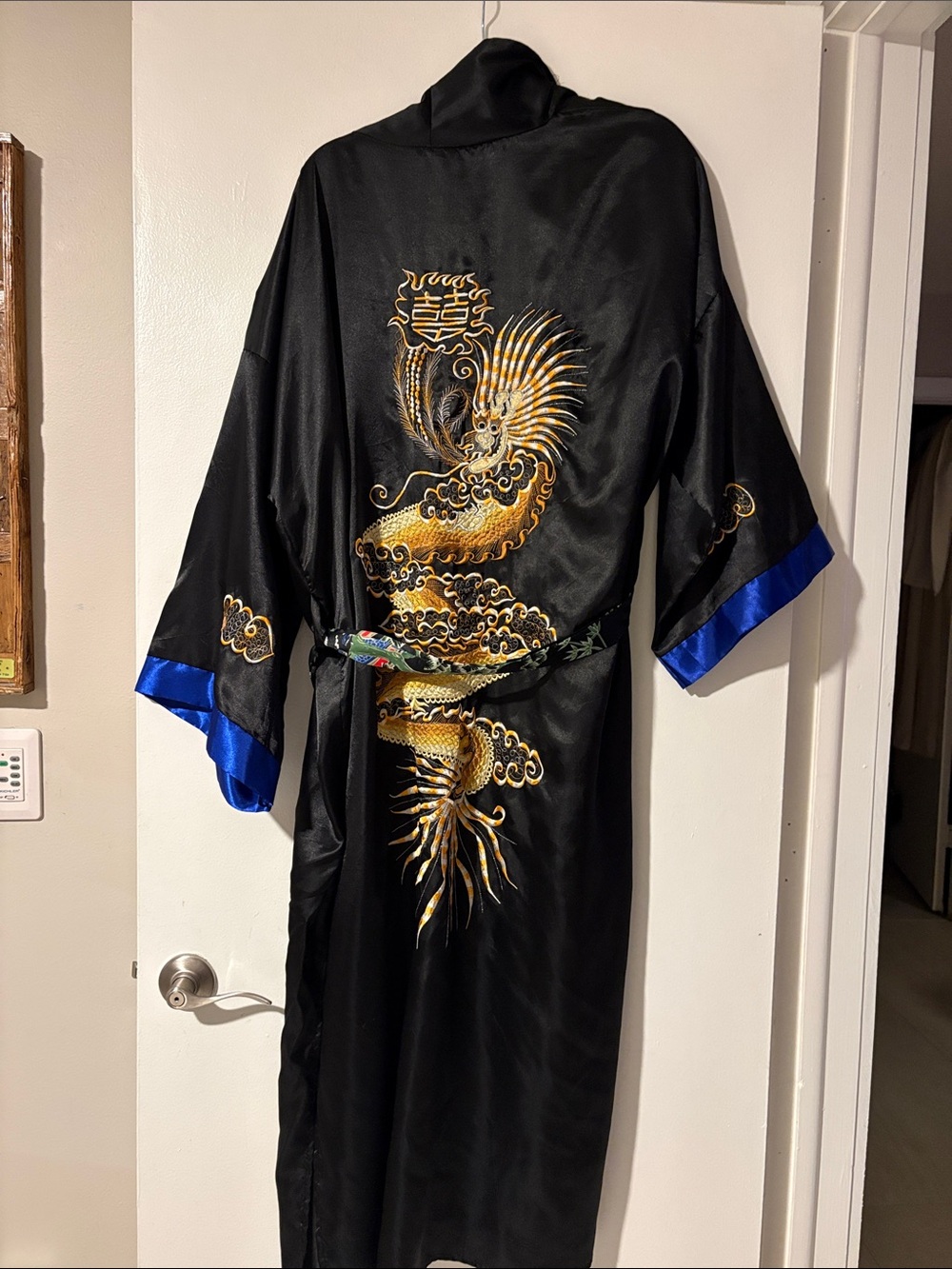 Black Satin Kimono Robe with Gold Dragon Embroidery and Blue Trim